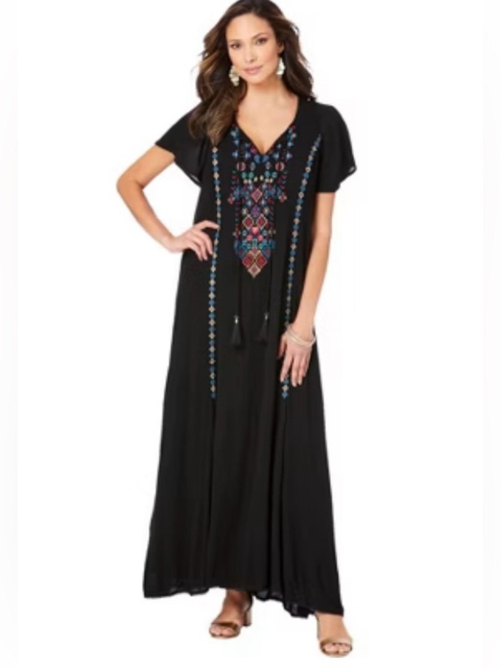 Roaman's Black Maxi Dress plus Size 3Xwith Multicolor Embroidery 100%.Rayon💝
